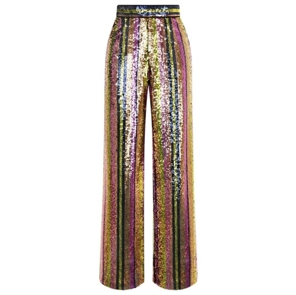 Rasario Pants - Rasario Multicolor Striped Sequin Straight Leg Pants